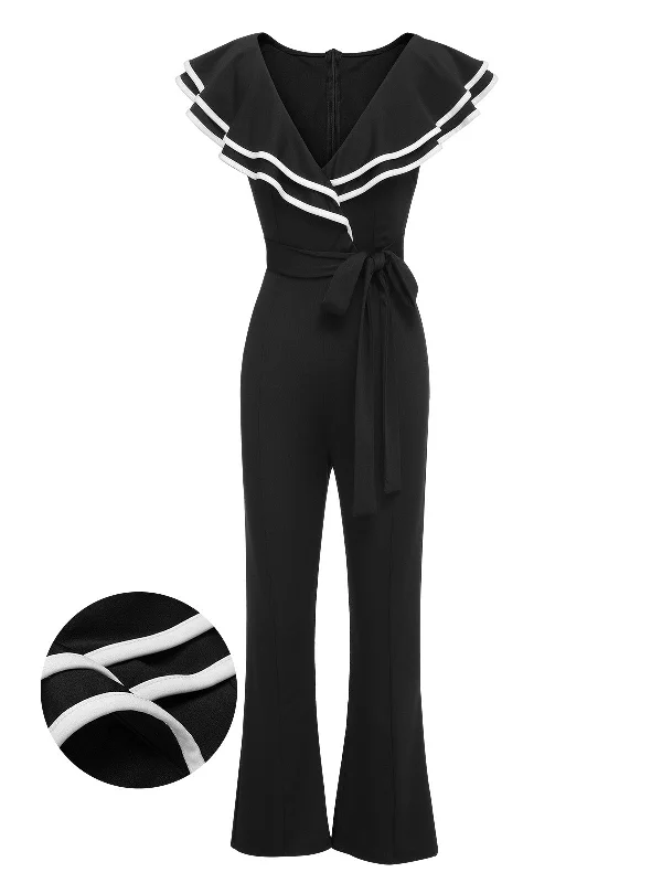 Black 1930s Ruffle Lapel Bootcut Jumpsuit