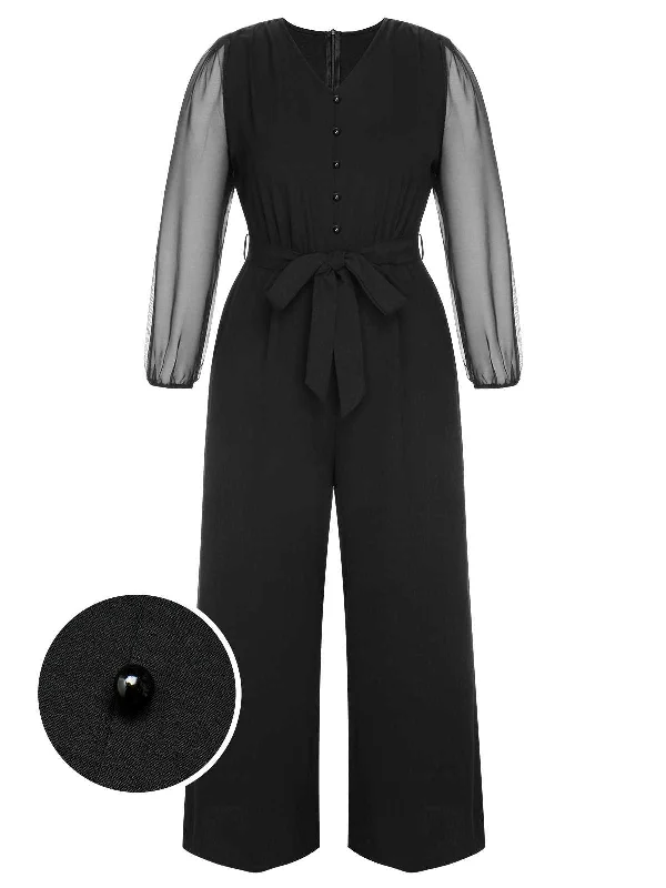 [Plus Size] Black 1930s Mesh Lantern Sleeve Belted Jumpsuit