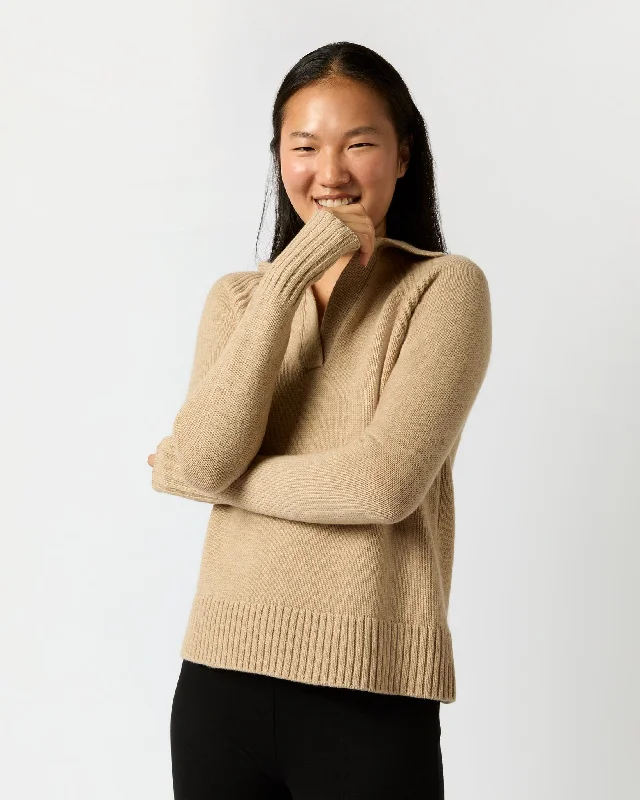 Blaire Johnny-Collar Jersey Sweater in Heather Oat Cashmere