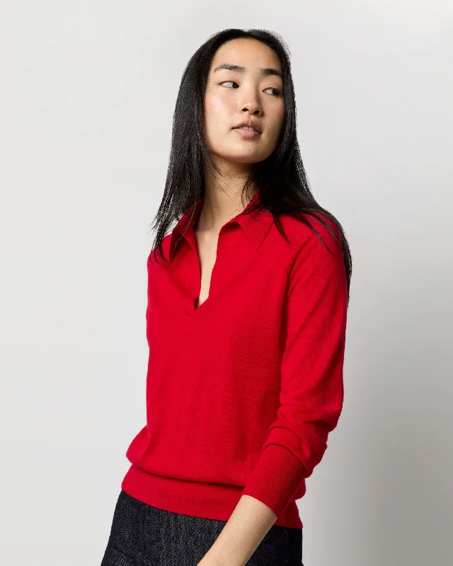 Alida Johnny-Collar Sweater in Red Cashmere