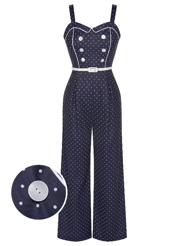 Dark Blue 1930s Polka Dots Straps Jumpsuit