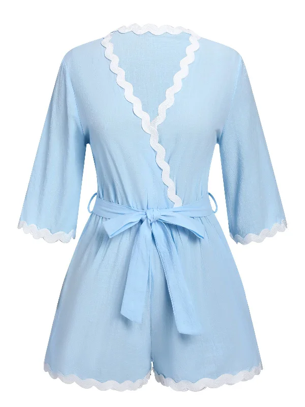 Blue 1950s V-Neck Solid Belted Romper