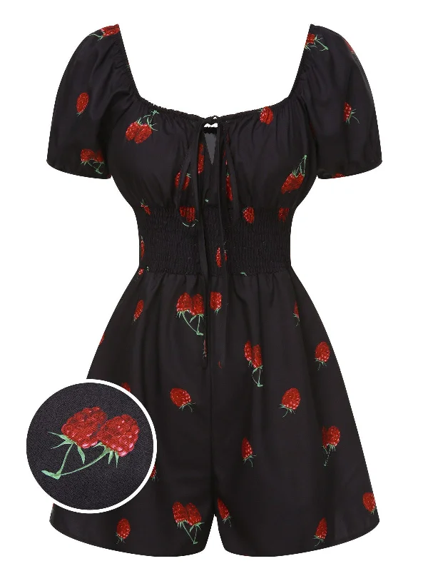 Black 1950s Raspberry Puff Sleeves Romper