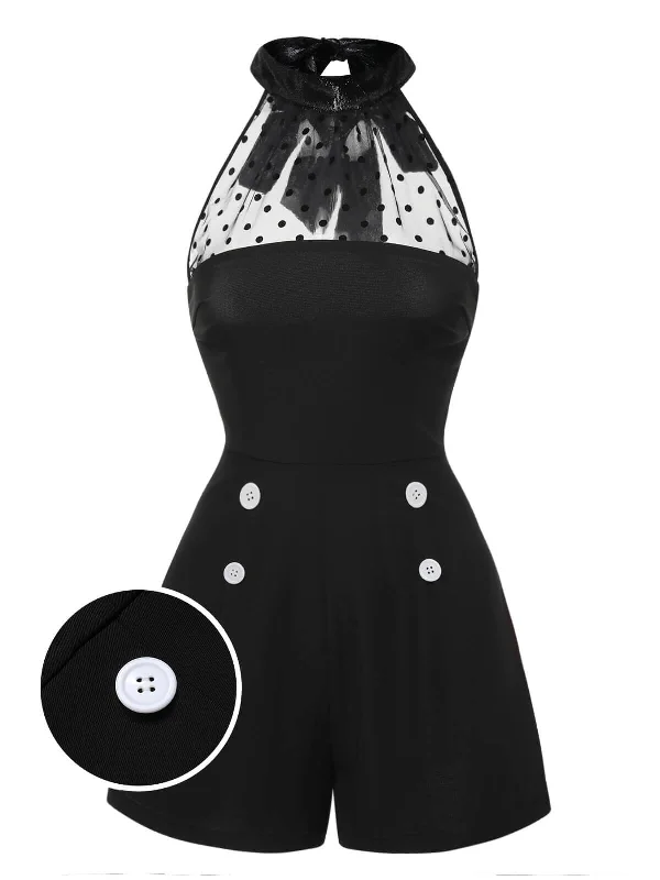 Black 1950s Polka Dots Sheer Neck Romper