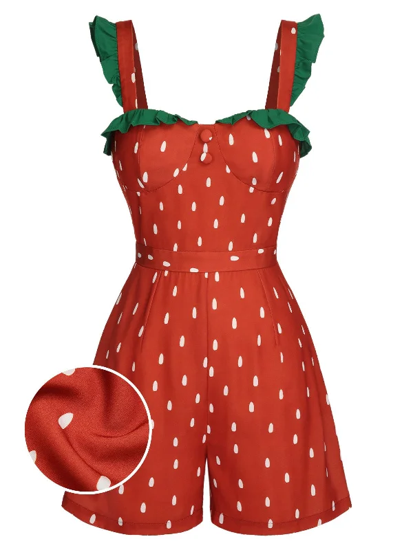 Red 1950s Strawberry Polka Dots Strawberry Straps Romper