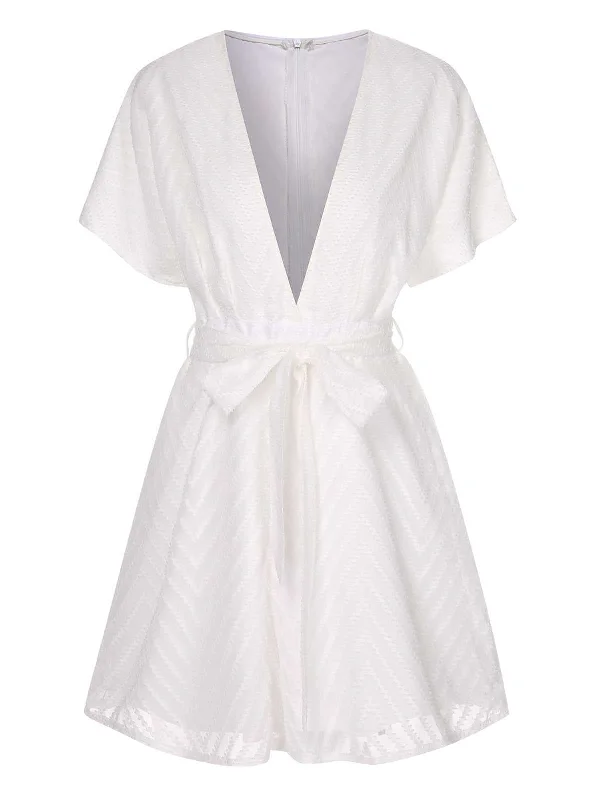 White 1950s Deep V-Neck Textured Belted Romper