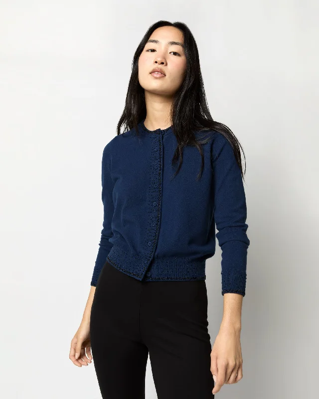 Rose Beaded Cardigan in Bright Navy Cotton/Silk