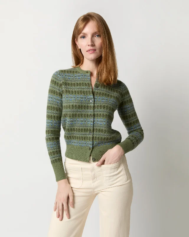 Rosie Fair Isle Cardigan in Olive Multi Extra Fine Merino Wool