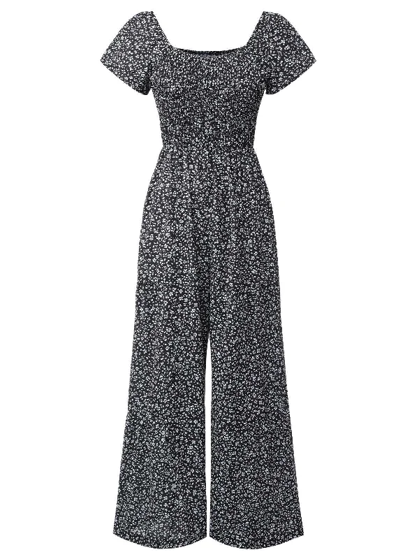 Black 1930s Square Neck Floral Jumpsuit