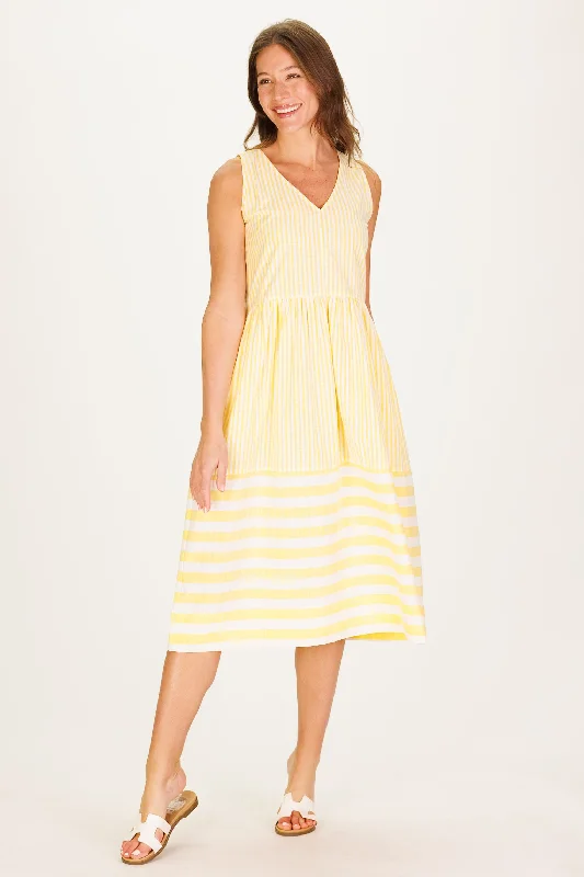 The Twila Dress in Lemon Linen Stripe