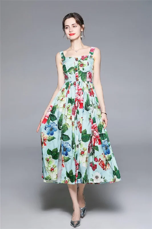 Green Day A-line Off The Shoulder Strap Midi Summer Floral Dress