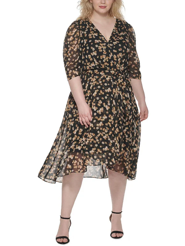 Plus Womens Chiffon Floral Midi Dress