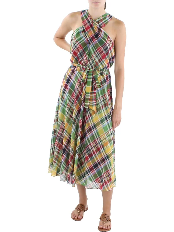 Womens Plaid Midi Halter Dress