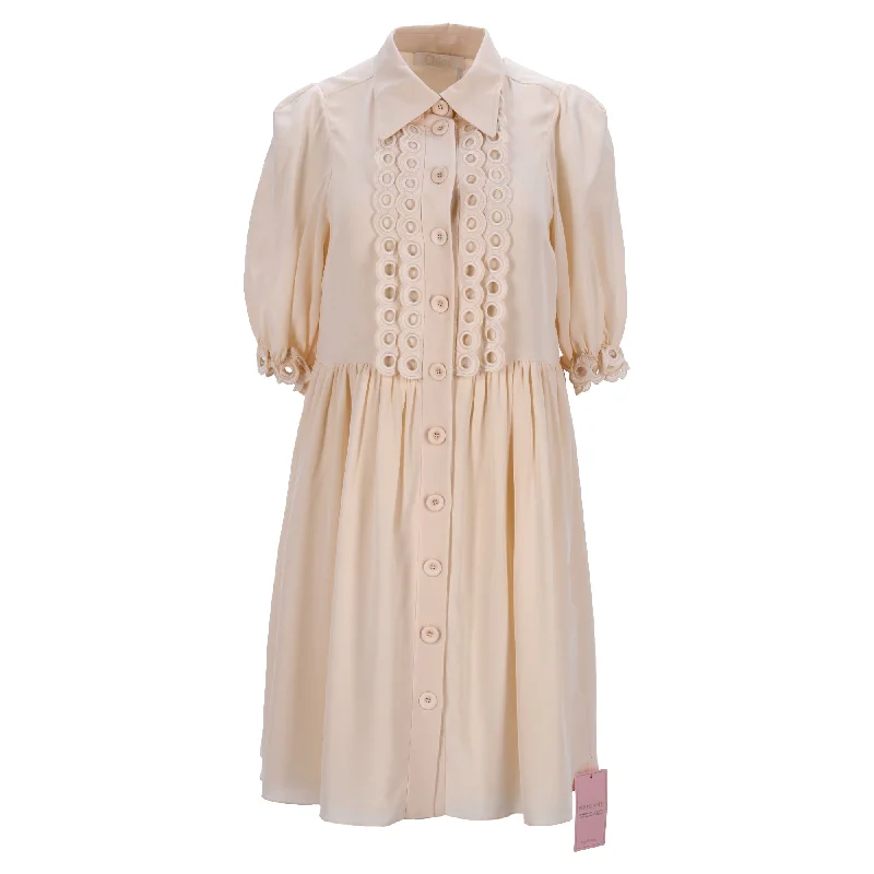 Chloé Button Down Eyelet-Trim Mini Dress in Beige Silk