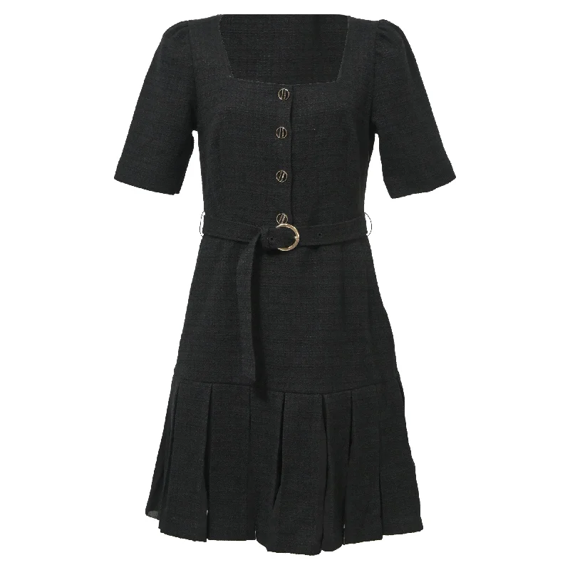 Sandro Paris Pleated Mini Belted Dress in Black Cotton Tweed