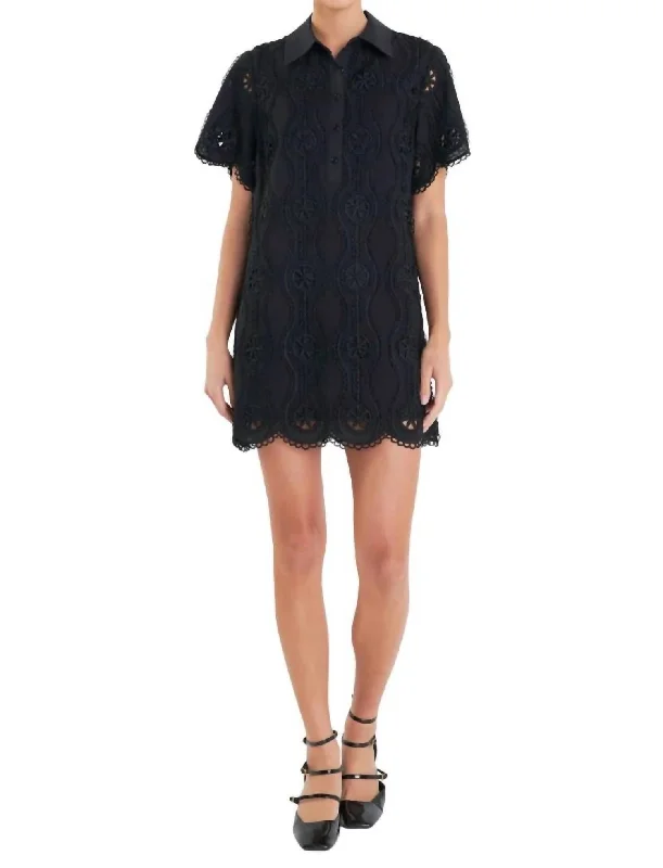 Scallop Embroidered Cotton Mini Shirt Dress In Black