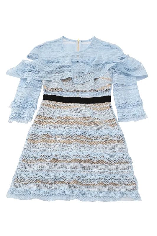 Self-Portrait Stripe Grid Lace Mini Dress in Blue Polyester