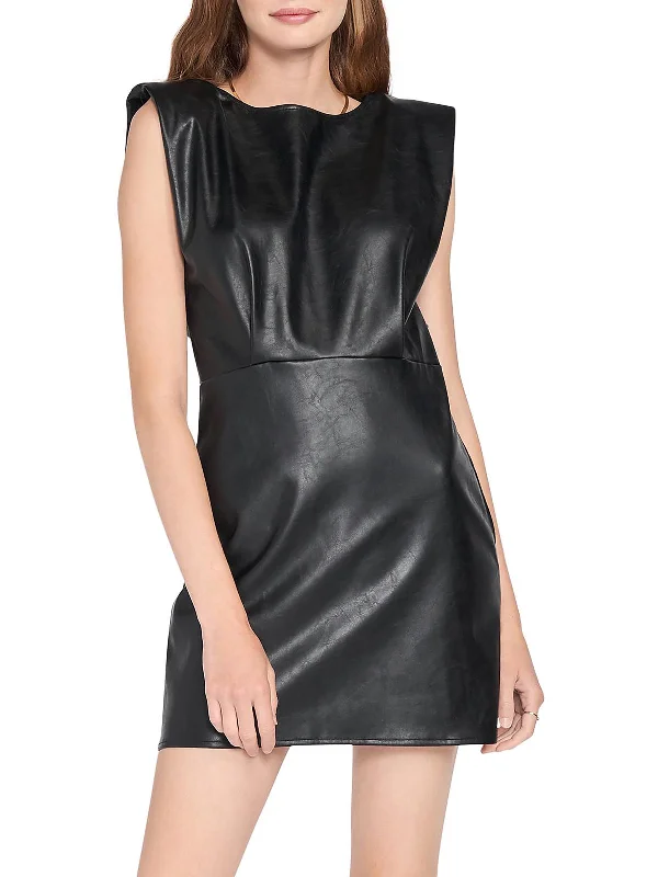 Womens Faux Leather Sleeveless Mini Dress