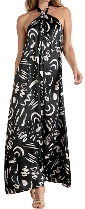 Abstract Halter Maxi In Black Print