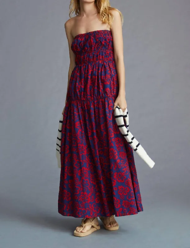 Floral Strapless Maxi Dress In Navy/red Floral