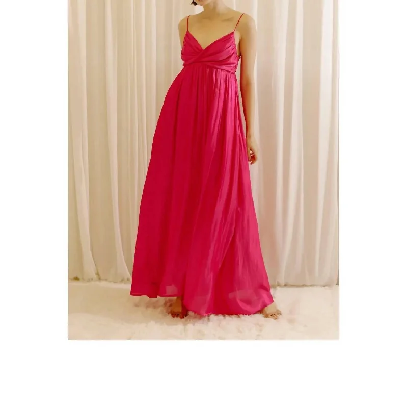 Satin & Crepe Maxi Dress In Fuschia