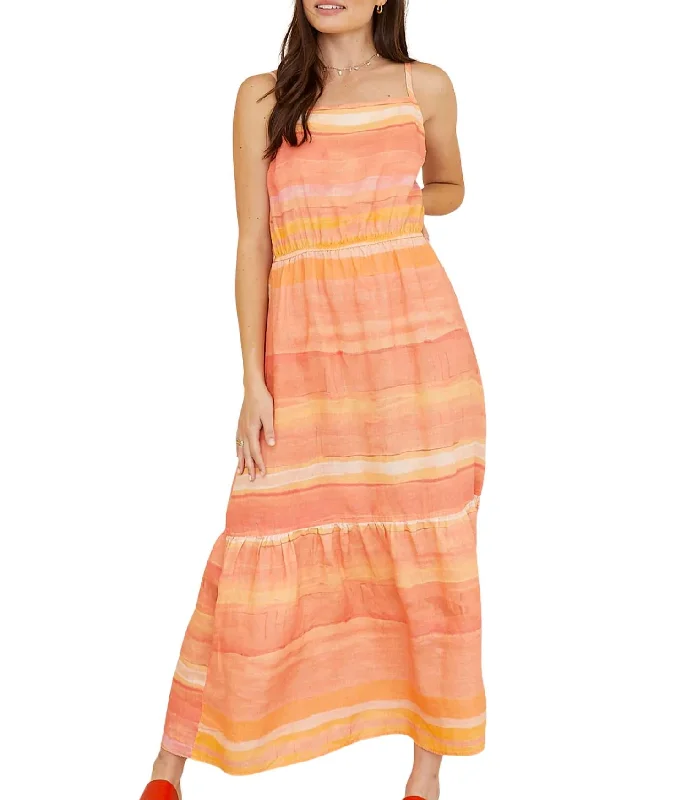 Square Neck Stripe Linen Maxi Dress In Sarape Stripe Print