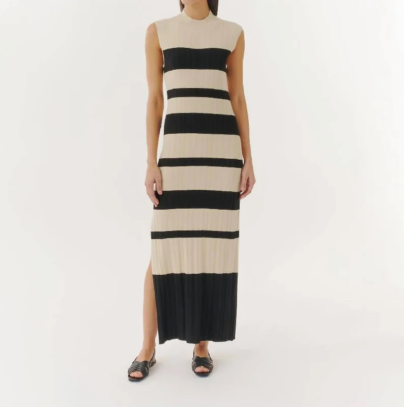 Viscose Variegated Striped Maxi Dress In Linen/black