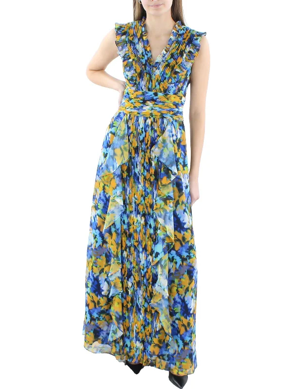 Womens Printed Cascade Ruffle Maxi Dress