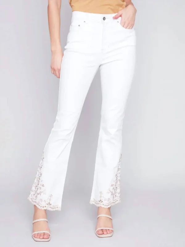 Embroidered Bootcut Leg Pants In White