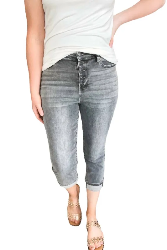 High Waist Cuffed Button Fly Capri Pants In Grey