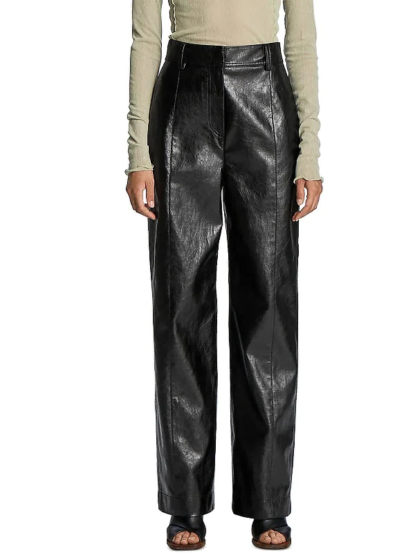 Womens Faux Leather High Rise Straight Leg Pants