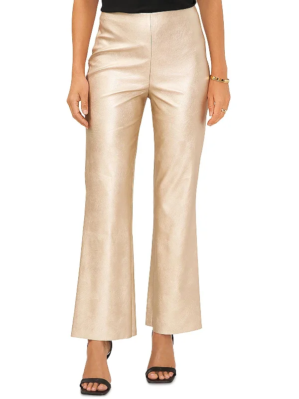 Womens Faux Leather Metallic Flared Pants