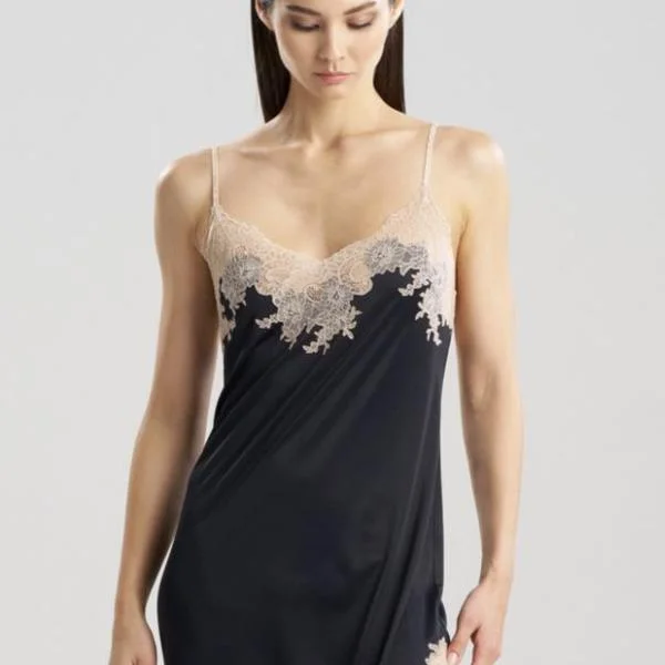 Natori Enchant Lace Slit Gown in Black with Cafe Lace P73012